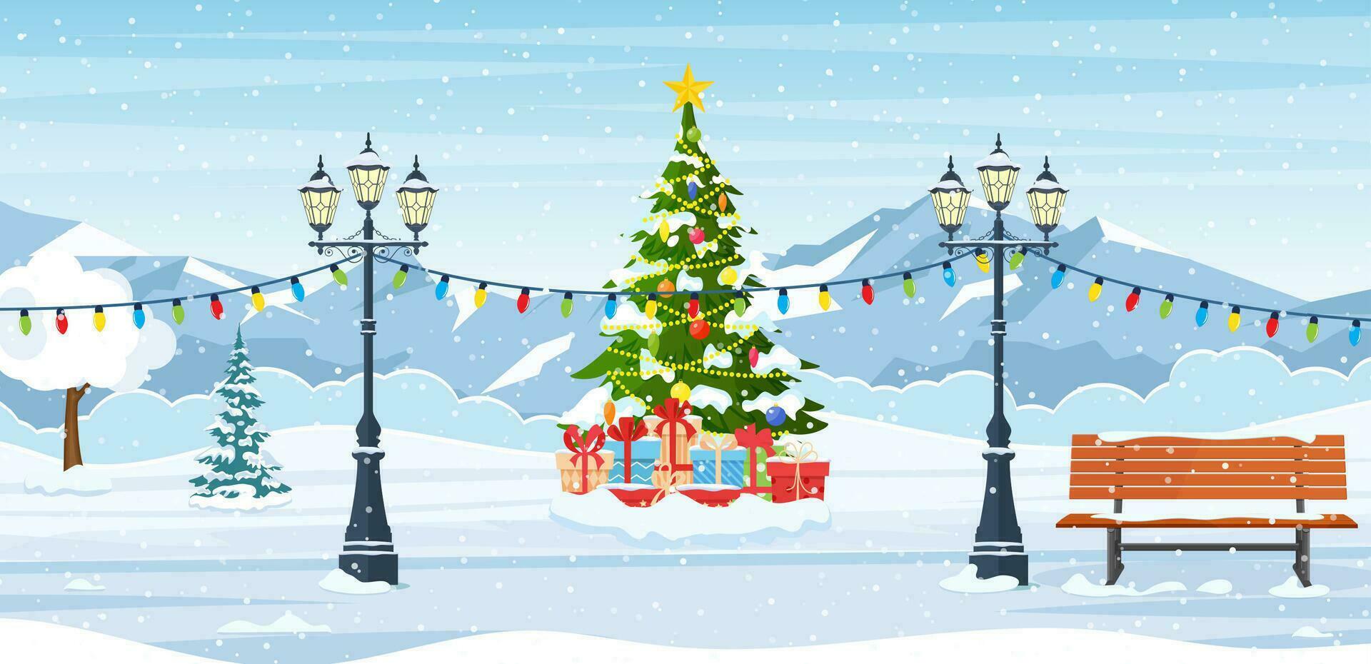 Cartoon winter city park with Christmas trees, bench, lantern. merry Christmas and New year celebrated with cityscape background landscapeand mountain. Vector illustration in flat style