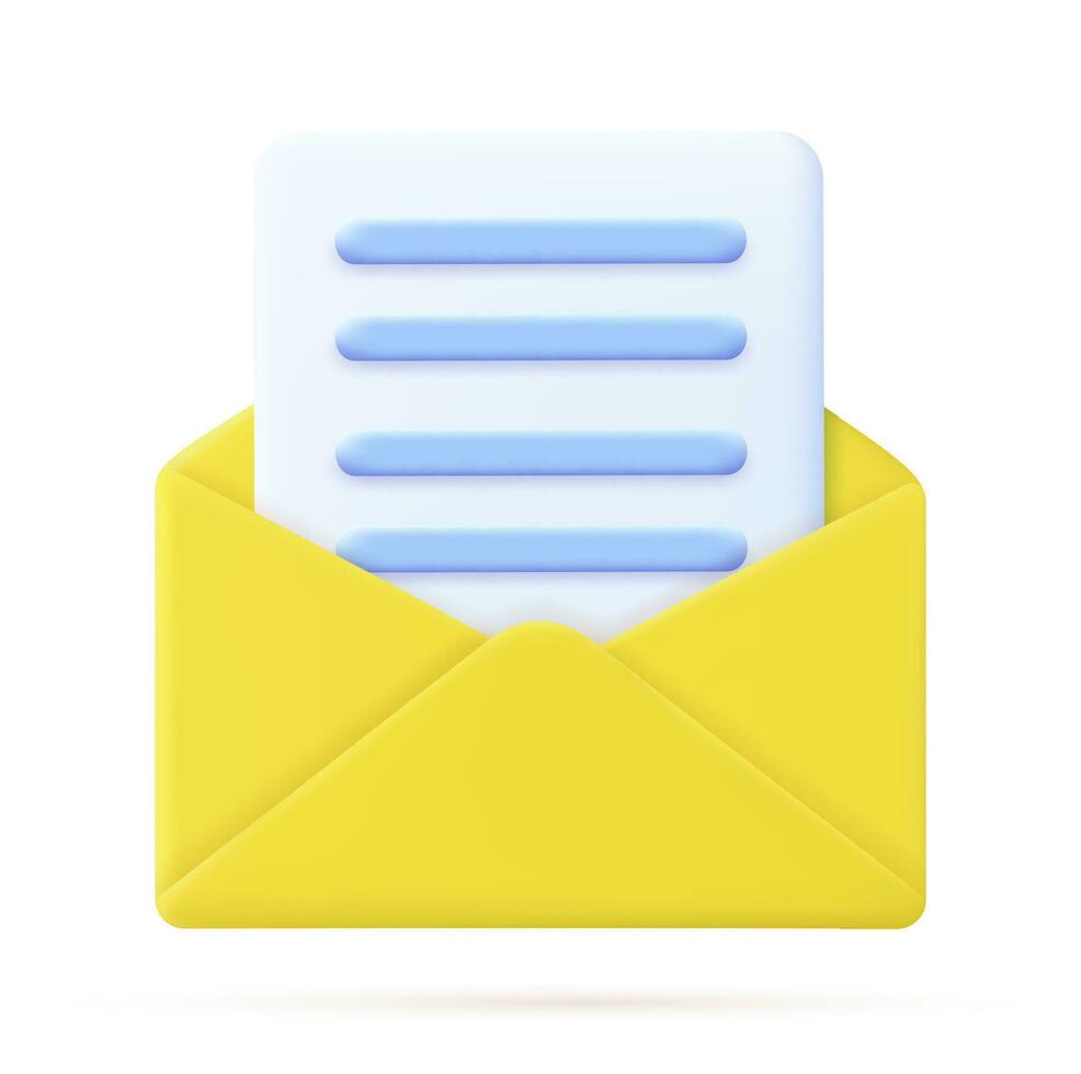 3d Render open mail Envelope with paper documents icon isolated on white background. . Read online message. Realistic symbol communication. Business news and invitations. Vector illustration