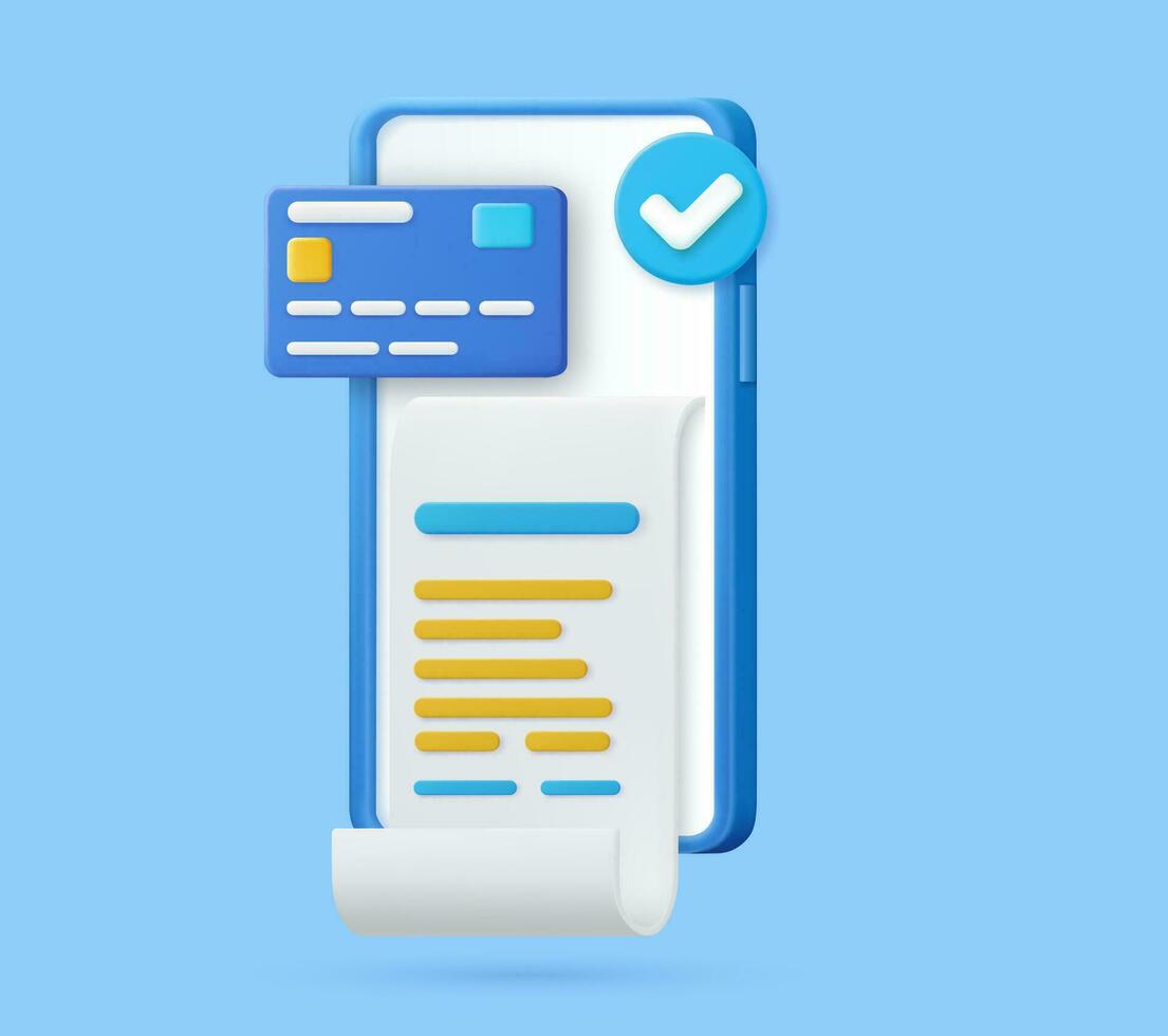 Receipt for smartphone screen. 3D bill payment with credit card and financial security for online shopping, online payment credit card 3D with payment protection concept. Vector illustration