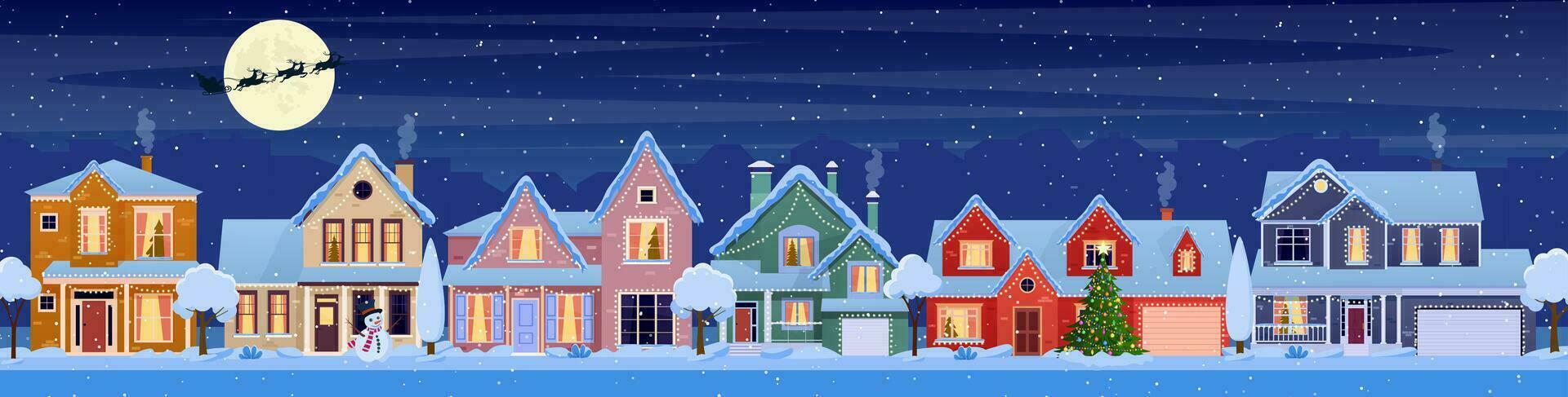 residencial casas con Navidad decoración a noche. dibujos animados invierno paisaje calle con nieve en techos y guirnaldas, Navidad árbol, muñeco de nieve. Papa Noel claus con ciervos en cielo. vector ilustración