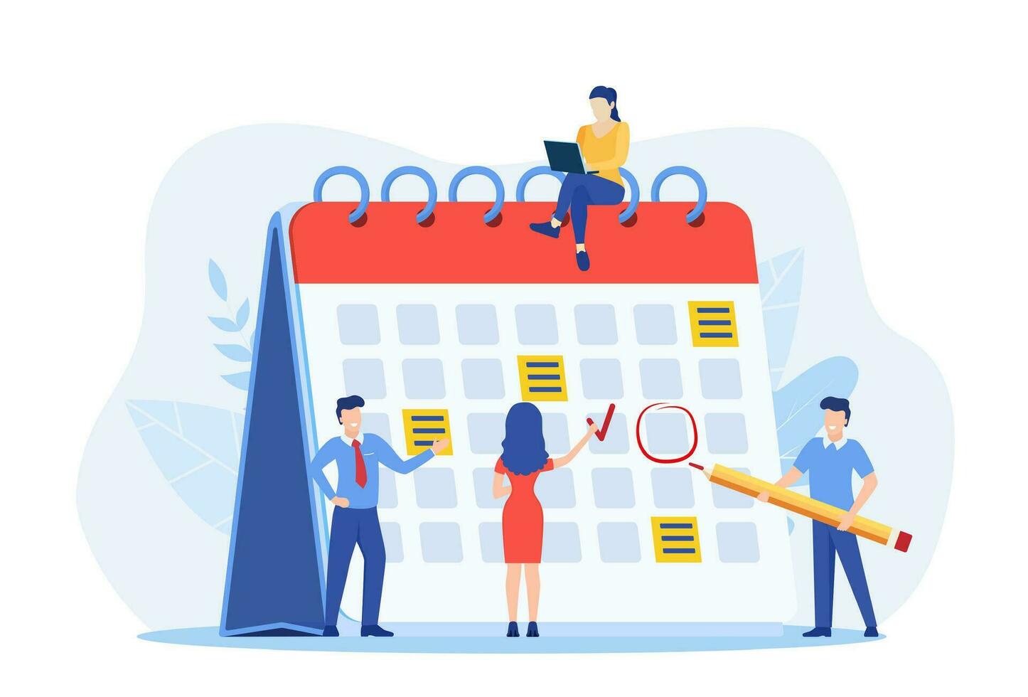 Planning schedule, business event and calendar concept. People with schedule, pen and notes organize meeting. Planning strategy and time management. Vector illustration in flat style