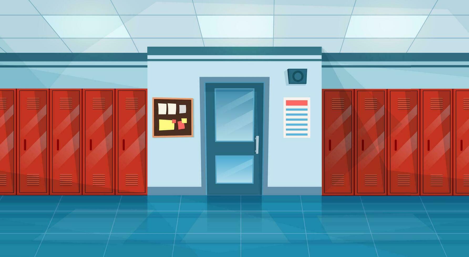 Empty School Corridor Interior With Row Of Lockers,closed door to classroom. Horizontal Banner. cartoon College campus hall or university lobby. Vector illustration in a flat style