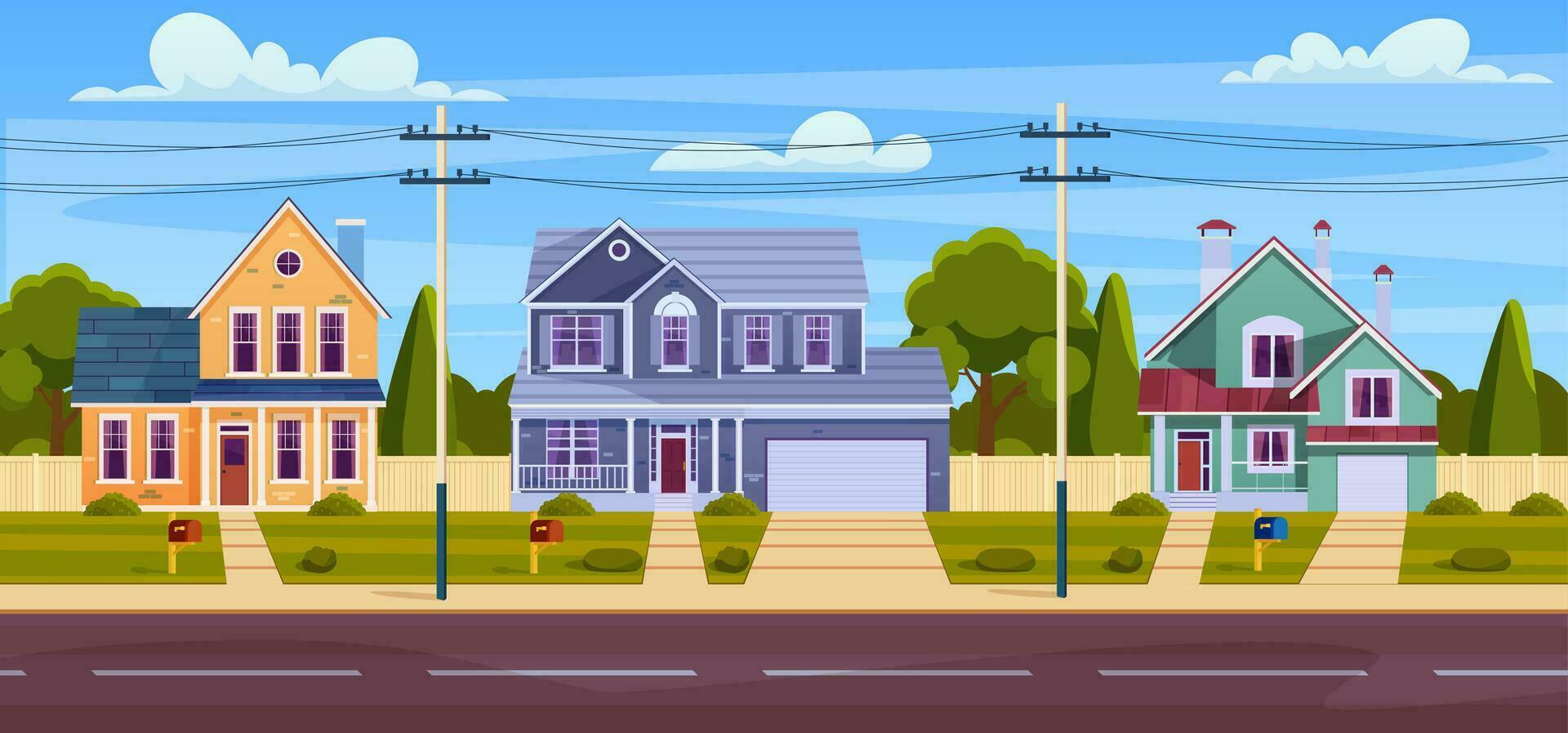 Rural cottages, suburban street with modern buildings with garages and green trees. Cottage Real Estates Cute Town Concept. Vector illustration in flat style