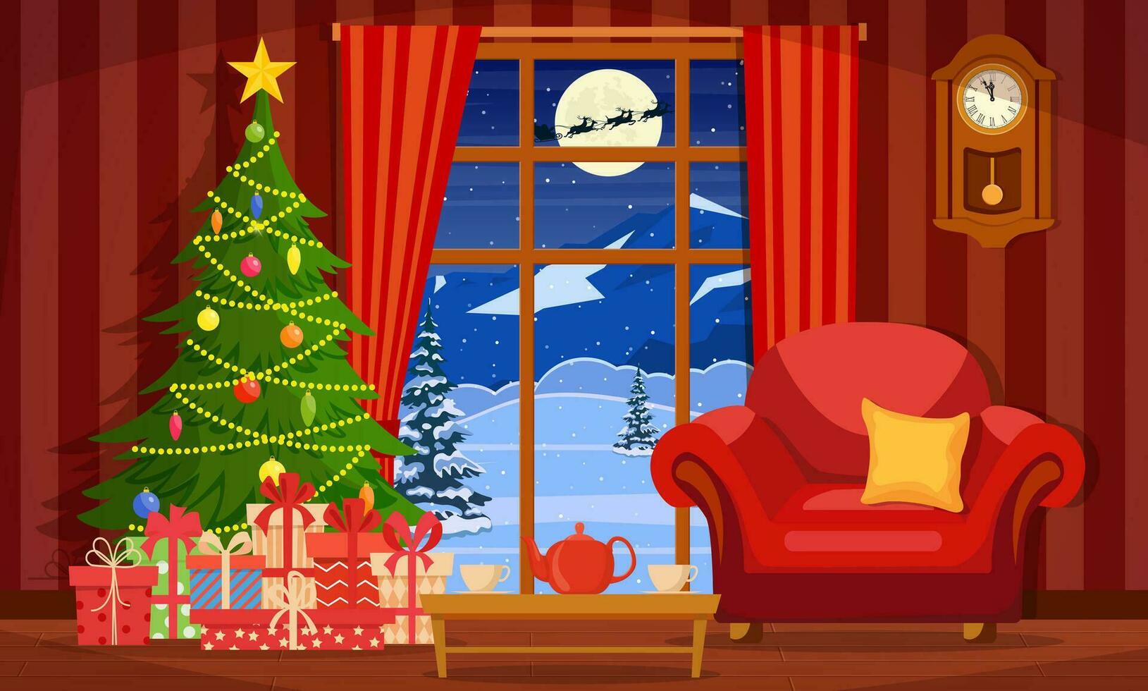 Cartoon cozy Interior of Living Room with Window, Armchair, Table, Christmas Tree. Happy New Year Decoration. Flat Vector Illustration