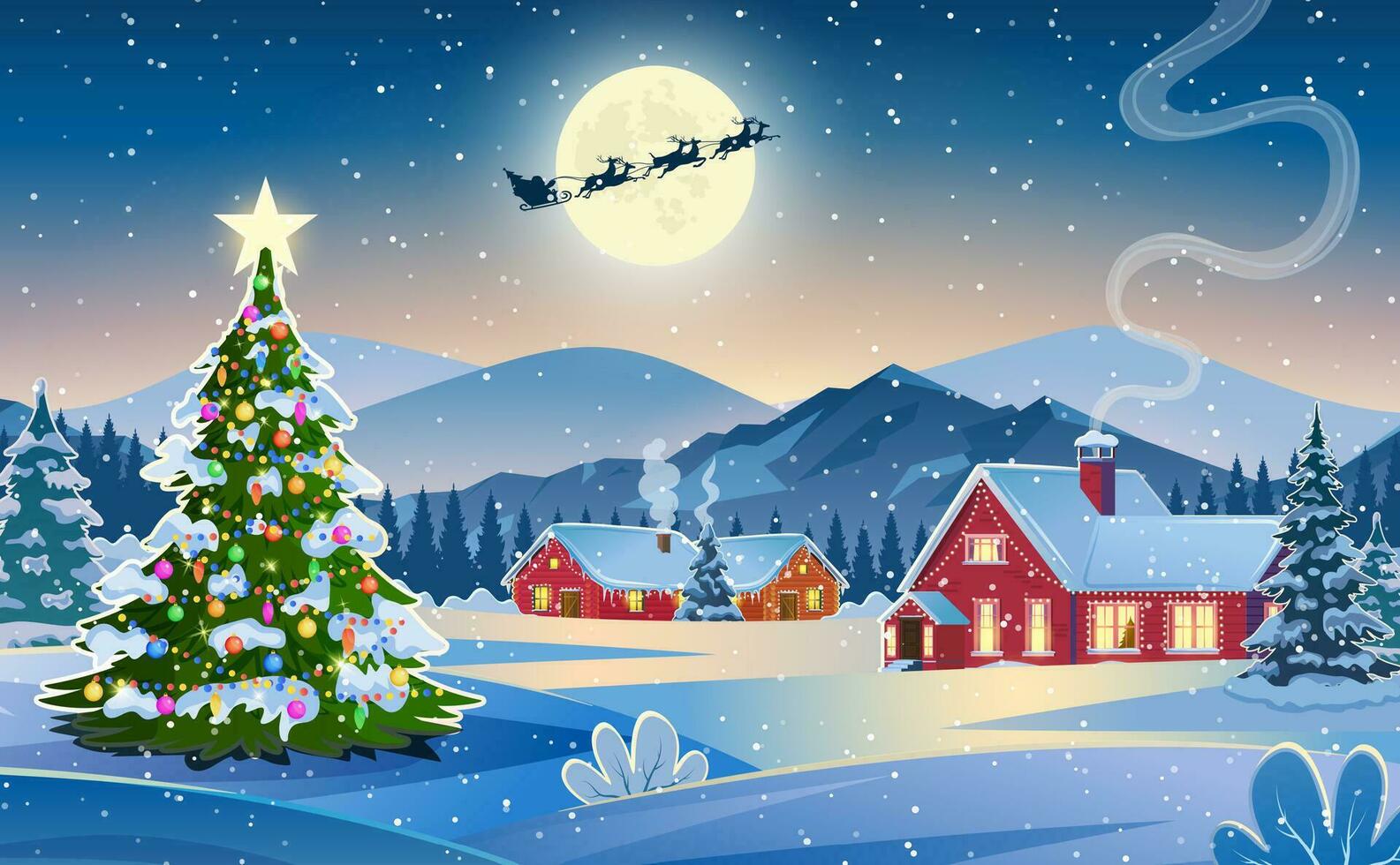 Winter snow landscape and houses with christmas tree. concept for greeting or postal card. background with moon and the silhouette of Santa Claus flying on a sleigh. vector illustration.