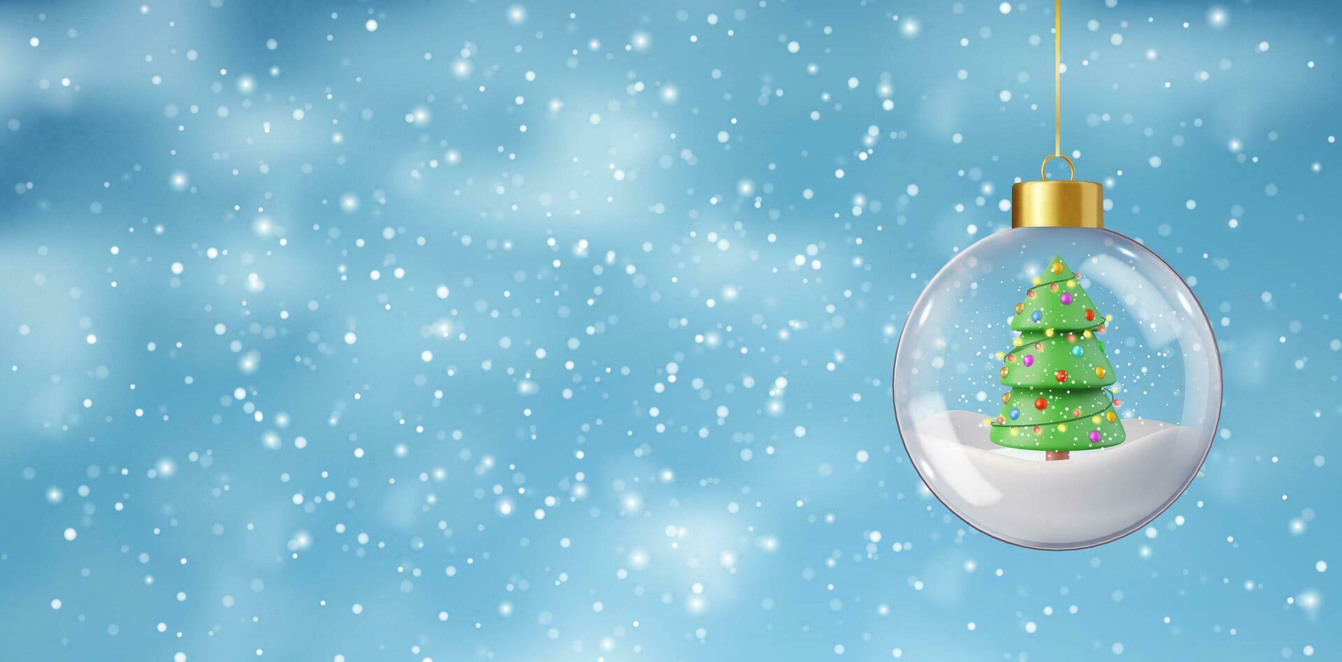 3d Snow globe with Christmas tree in snow. Winter Christmas and new year background. 3d rendering. Vector illustration