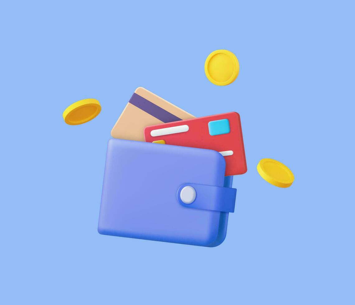 3D Money Saving icon concept. Online payment, Wallet, coins and credit card on background, 3d rendering. Vector illustration