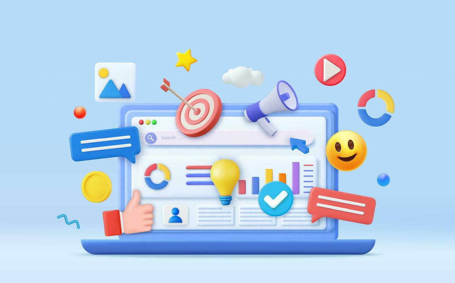 3D Financial report chart, SEO Optimization, web analytics and seo marketing concept. Business strategy. Landing page template. 3d rendering. Vector illustration