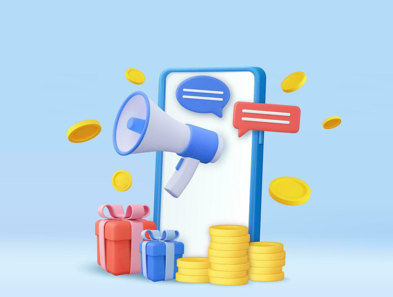 3d mobile phone, megaphone, gift box and coin. Refer A Friend Concept, People share info about referral and earn money. 3d rendering. Vector illustration