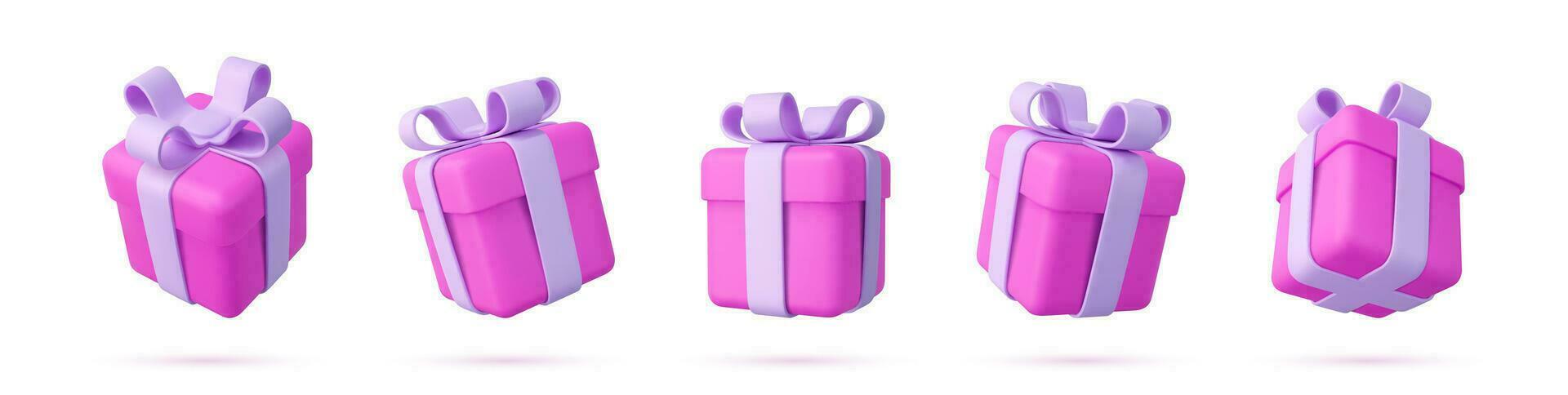 conjunto de realista Navidad regalos cajas aislado en un blanco antecedentes. cinco regalo cajas con arcos y cintas fiesta decoración presenta festivo regalo sorpresa. 3d representación. vector ilustración