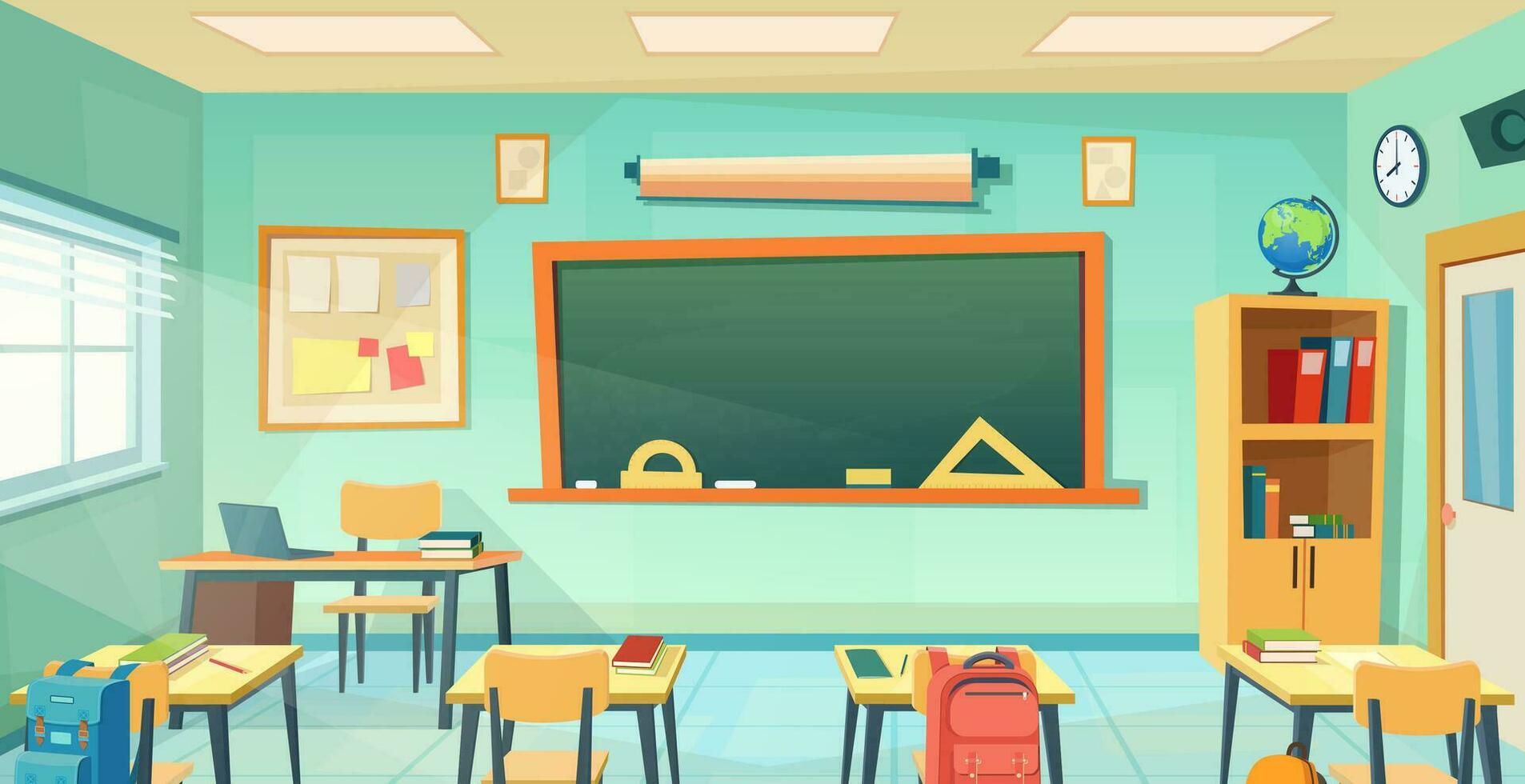 Empty school classroom cartoon . Back to school design template. Education concept. college or university training room with chalkboard, table, desks, chairs. Vector illustration in a flat style