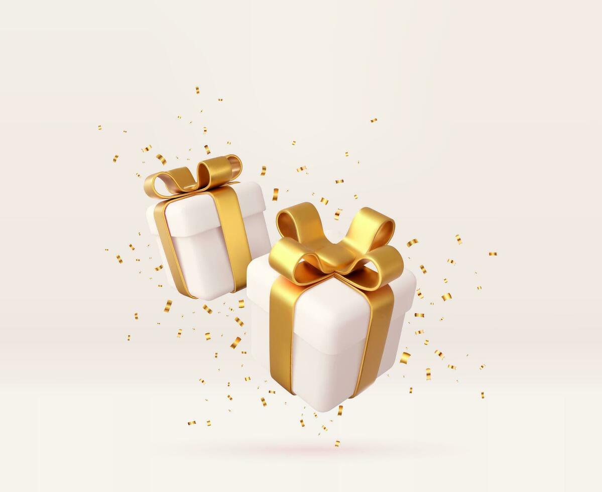 3d white gift boxes with golden ribbon and bow and sequins confetti. Birthday celebration concept. Merry New Year and Merry Christmas gift boxes with golden bows. 3d rendering. Vector illustration