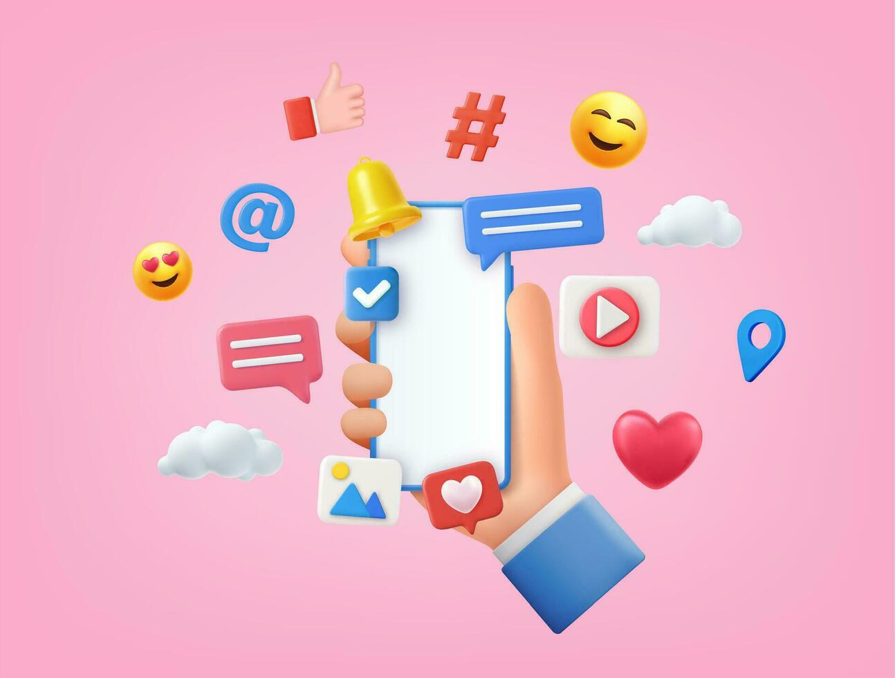 3D Online Social media communication concept. phone with comment, video and photo gallery and play icons. Hand holding phone with emoji, comment, love, like and play icons. Vector illustration