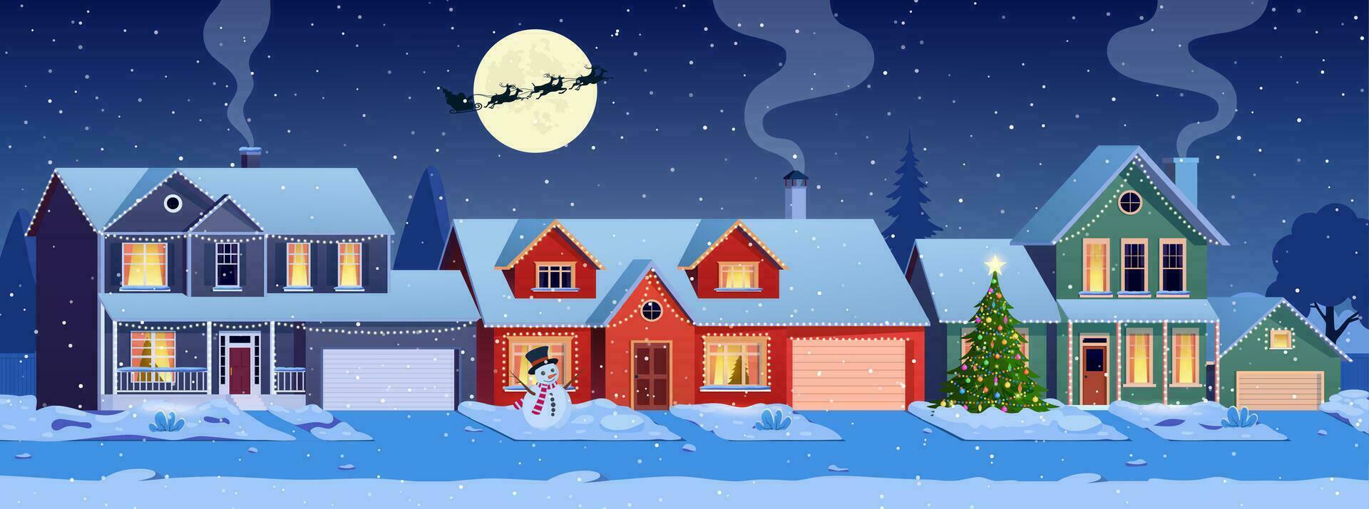 Residential houses with christmas decoration at night. cartoon winter landscape street with snow on roofs and garlands, christmas tree, snowman. Santa Claus with deers in sky. Vector illustration