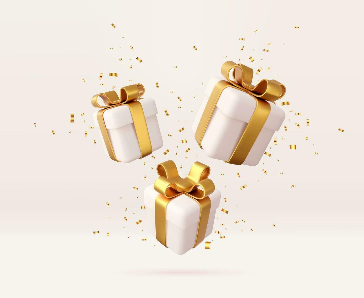 3d white gift boxes with golden ribbon and bow and sequins confetti. Birthday celebration concept. Merry New Year and Merry Christmas gift boxes with golden bows. 3d rendering. Vector illustration