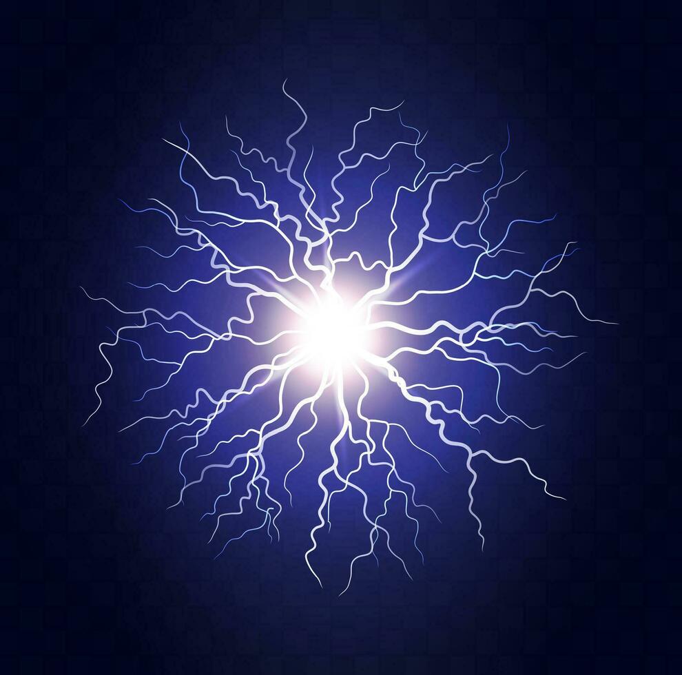 Lightning flash light thunder spark on transparent background. Lightning ball, electric strike impact. realistic sparking blue flash, electrical discharge of thunderstorm vector