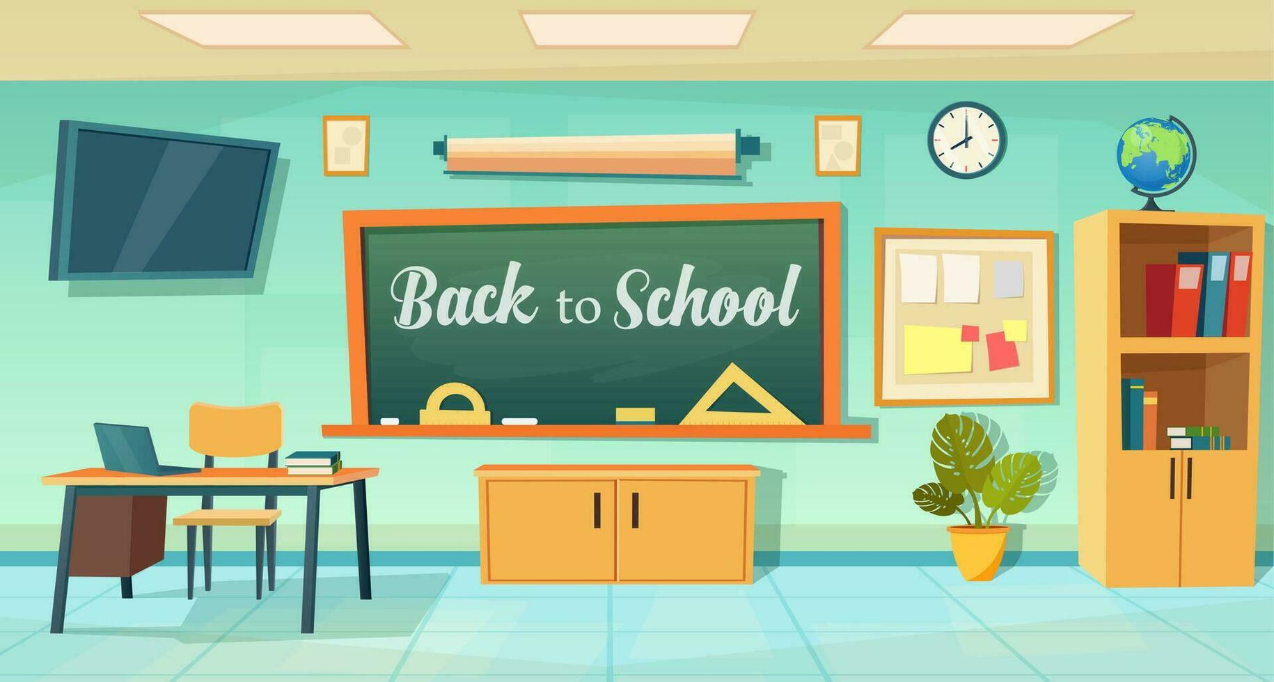 Back to school poster with empty classroom with teachers desk. cartoon School Education background. Classroom interior. Meeting room. Vector illustration in a flat style