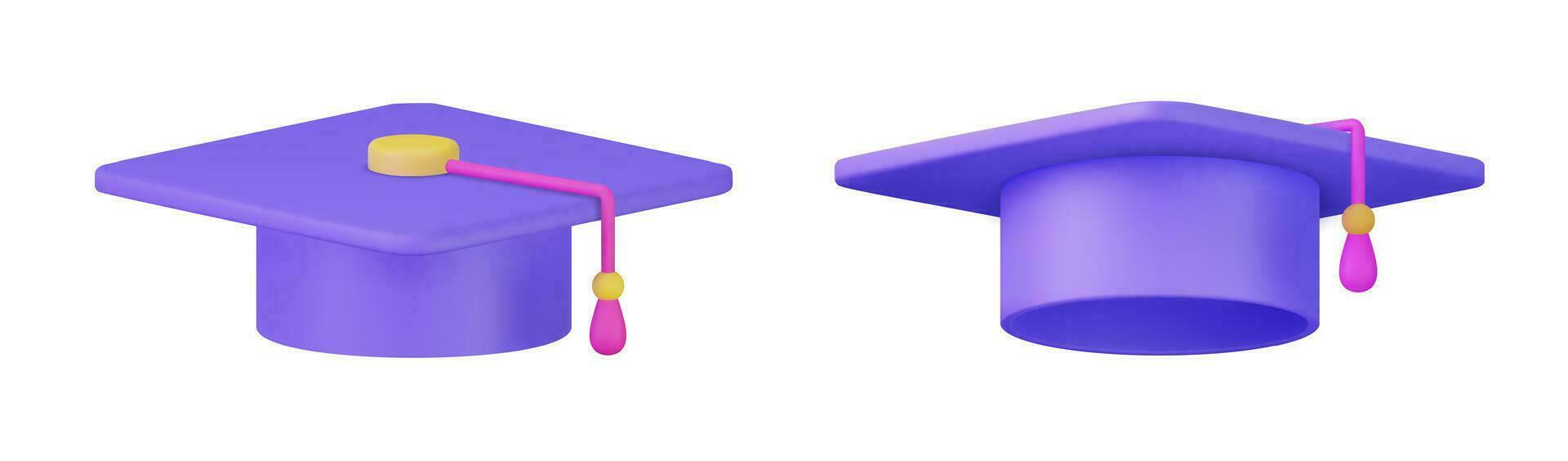 3d Graduation cap icon. High school college university complete. College cap, mortar board. Education, degree ceremony concept. 3d rendering. Vector illustration