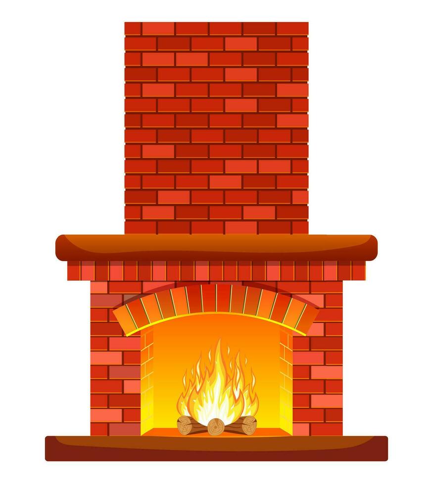 Winter interior bonfire. Classic fireplace made of red bricks, bright burning flame and smoldering logs inside. Home fireplace for comfort and relaxation. Vector illustration in flat style