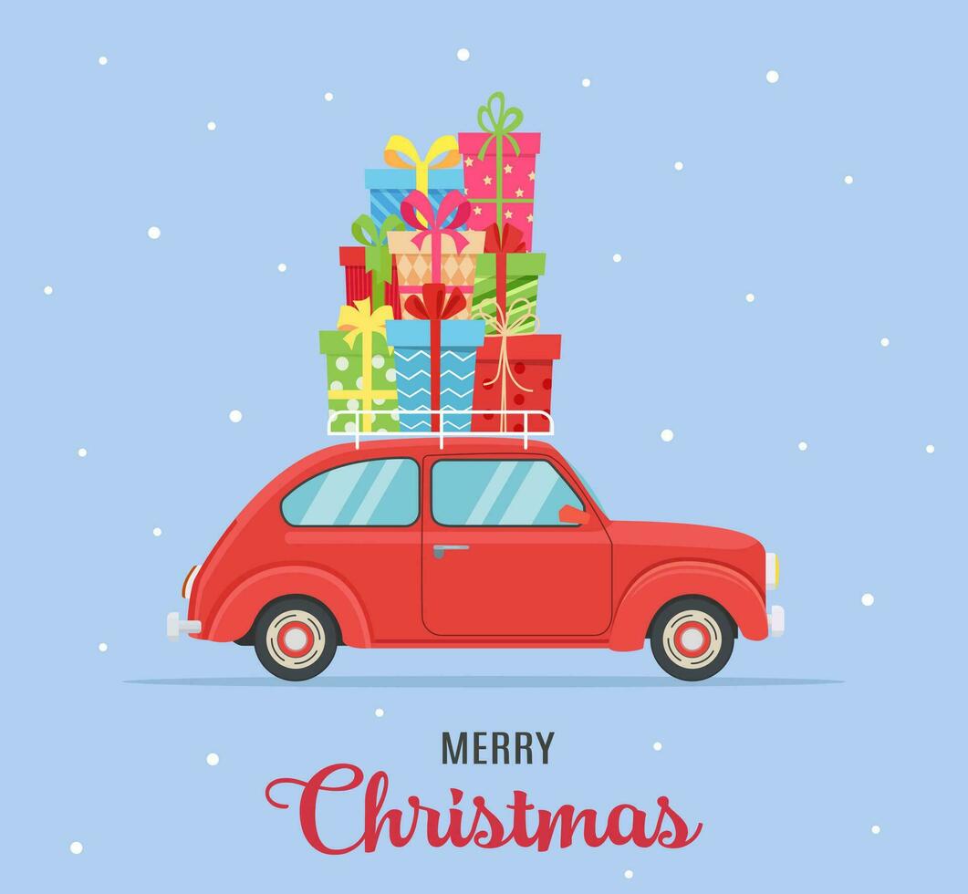 Christmas card or poster design with retro red car with gift boxes on board. Template for new year party or event invitation or flyer. Vector illustration in flat style