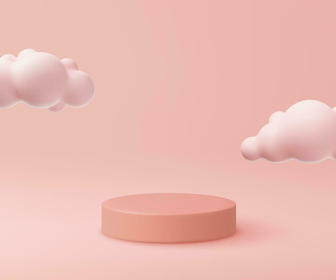 3d rosado podio y mínimo nube blanco escena, cielo y cielo concepto para producto promoción con Copiar espacio. tubo pedestal minimalista de moda modelo. 3d hacer Bosquejo vector ilustración.