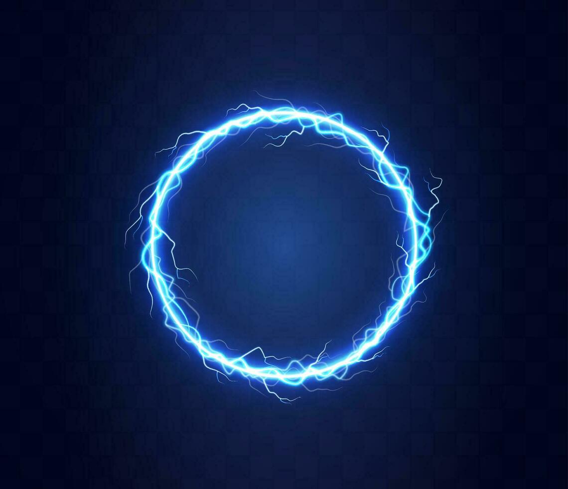 Realistic magic circle of thunder storm blue lightnings. Magic and bright lighting effects. Electric circle. Round frame with electricity and lightnings. vector