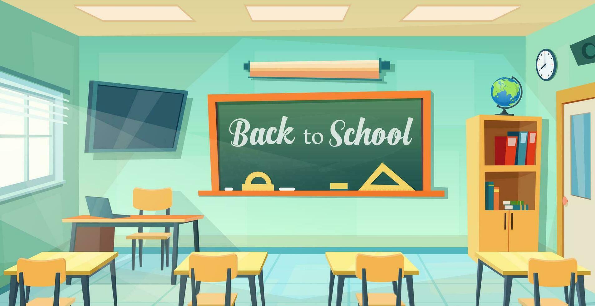 Back to school poster with empty classroom with teachers desk. cartoon Education background. college or university training room with chalkboard, table, chairs. Vector illustration in a flat style