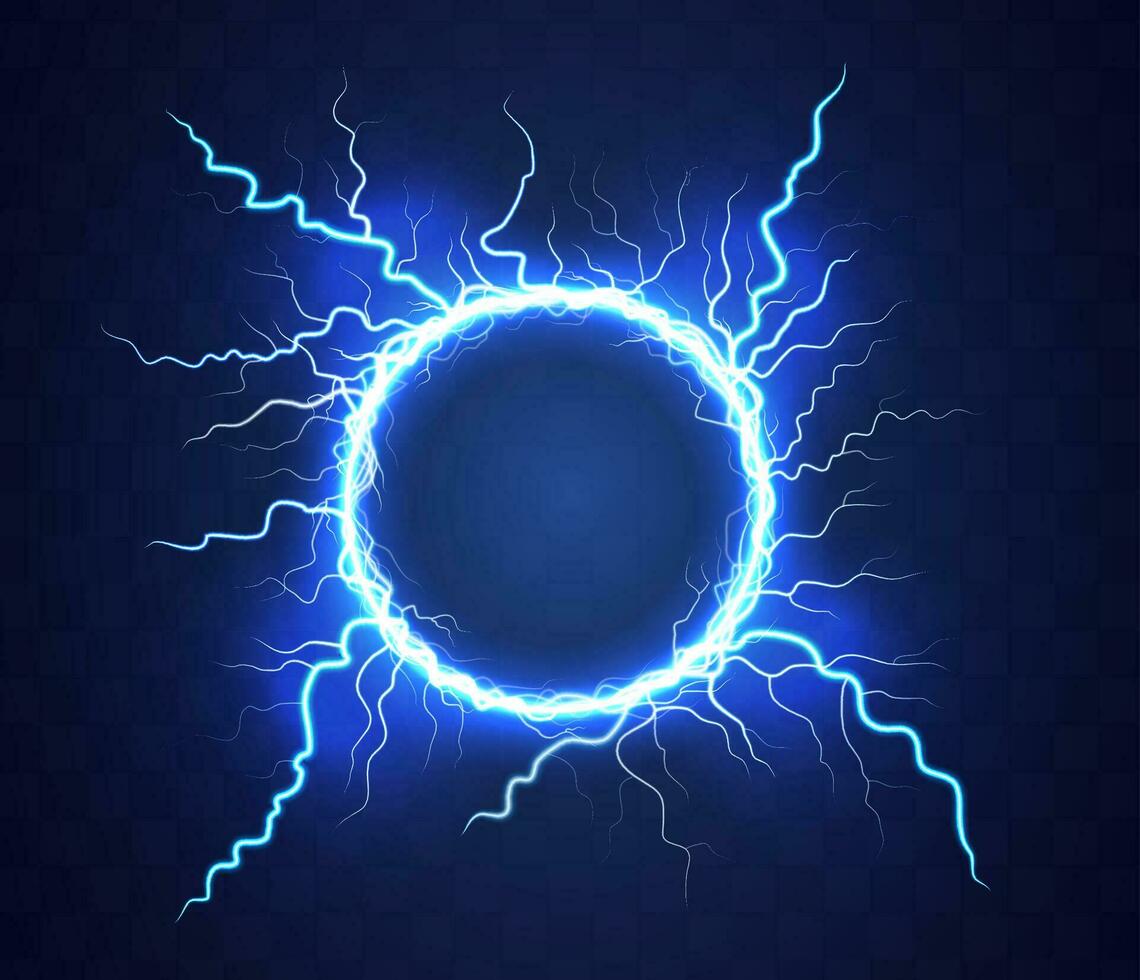 Realistic magic circle of thunder storm blue lightnings. Magic and bright lighting effects. Electric circle. Round frame with electricity and lightnings. vector