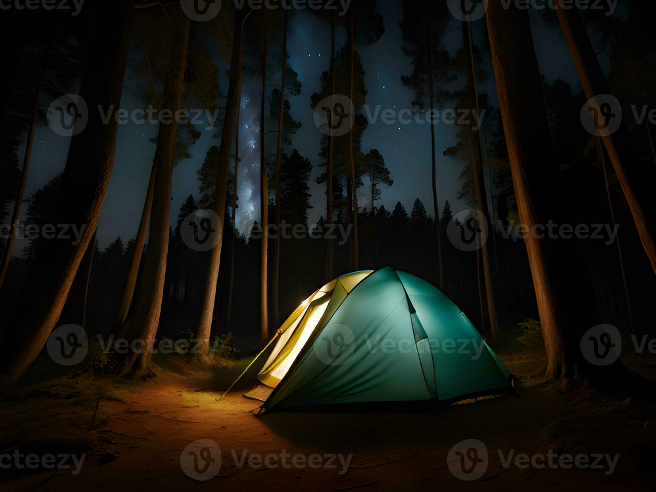 AI generated night view of camping tent with forest photo