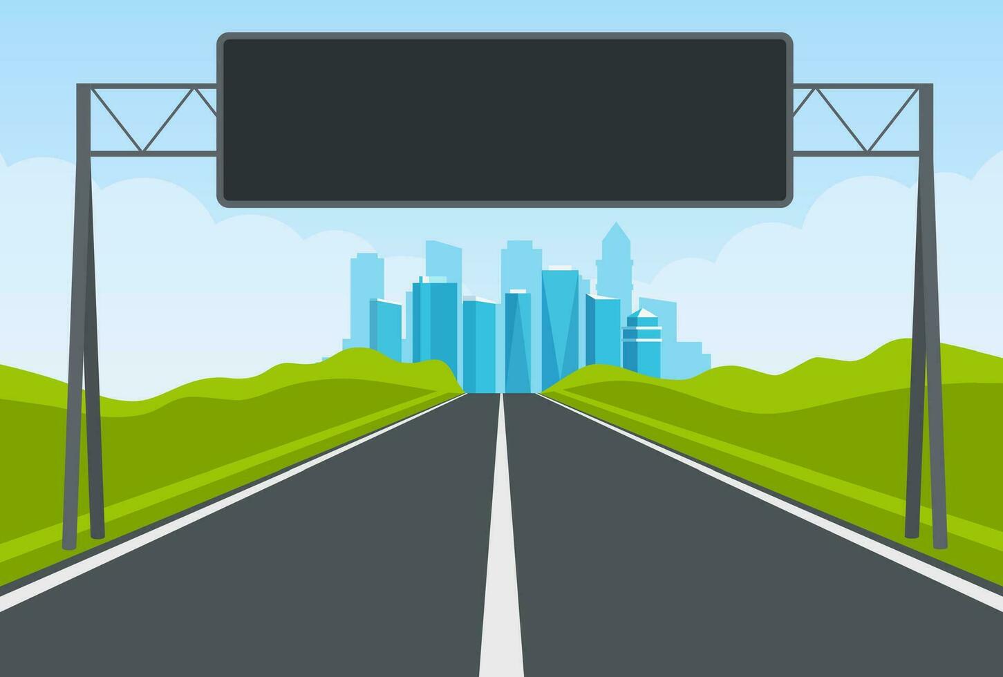 highway road. Empty road with city skyline on horizon and nature landscape. road to city with information dashboard. vector illustration in flat design