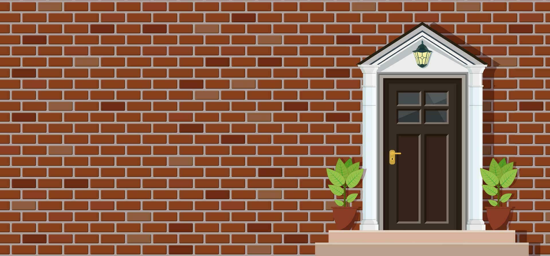 Wooden door of brick house front view, architecture background, building home real estate backdrop. Vector illustration in flat style