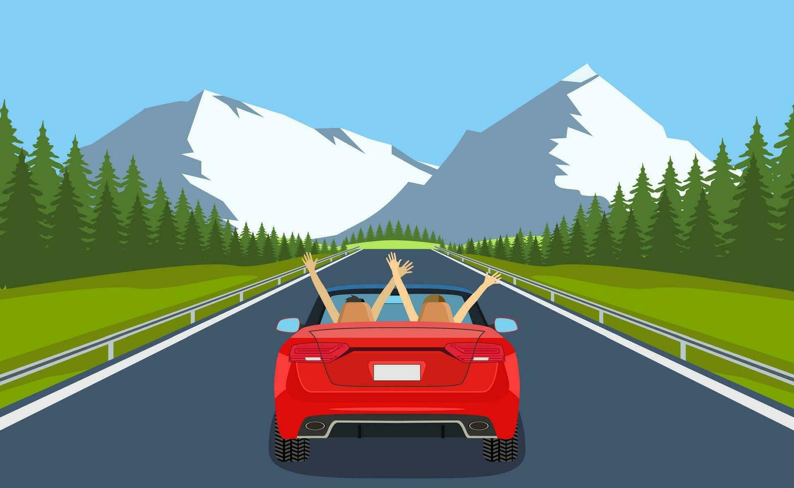 autopista conducir con hermosa paisaje. viaje la carretera coche vista. la carretera con coche. autopista con panorámico puntos de vista. contento gratis Pareja en coche conducción con brazos aumentó. vector ilustración en plano diseño