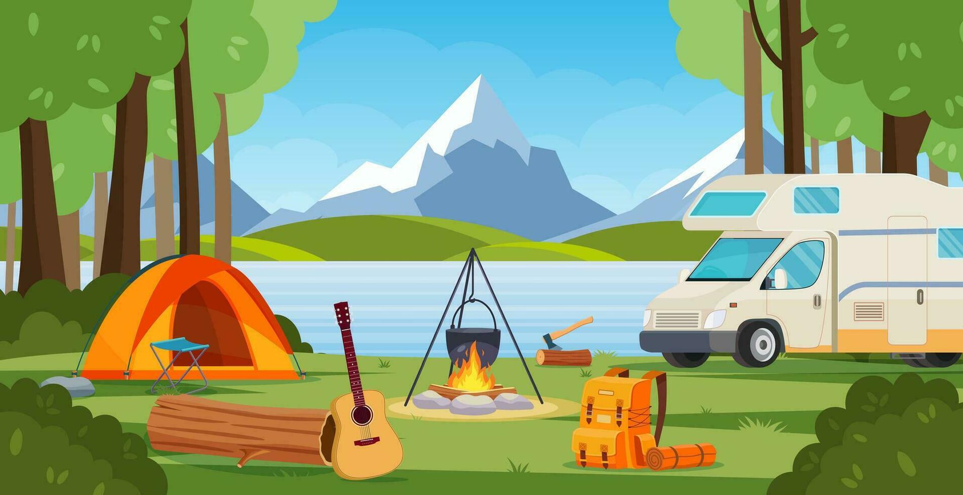 Summer camp in forest with bonfire, tent, van,backpack and lantern. cartoon landscape with mountain, forest and campsite. Equipment for travel, hiking. Vector illustration in flat style