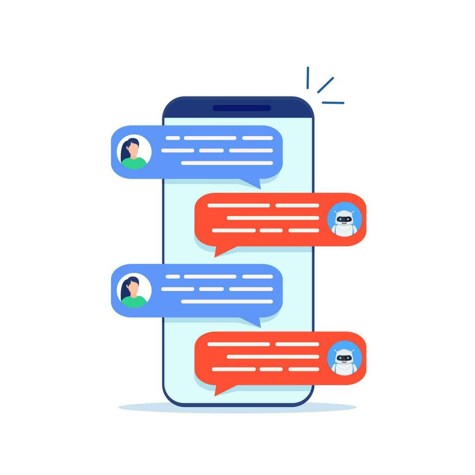 Chatbot robot concept. Dialog help service. User and bot speech messages. WoMan chatting with cute smiling robot. Dialog with bot. Vector illustration in flat style