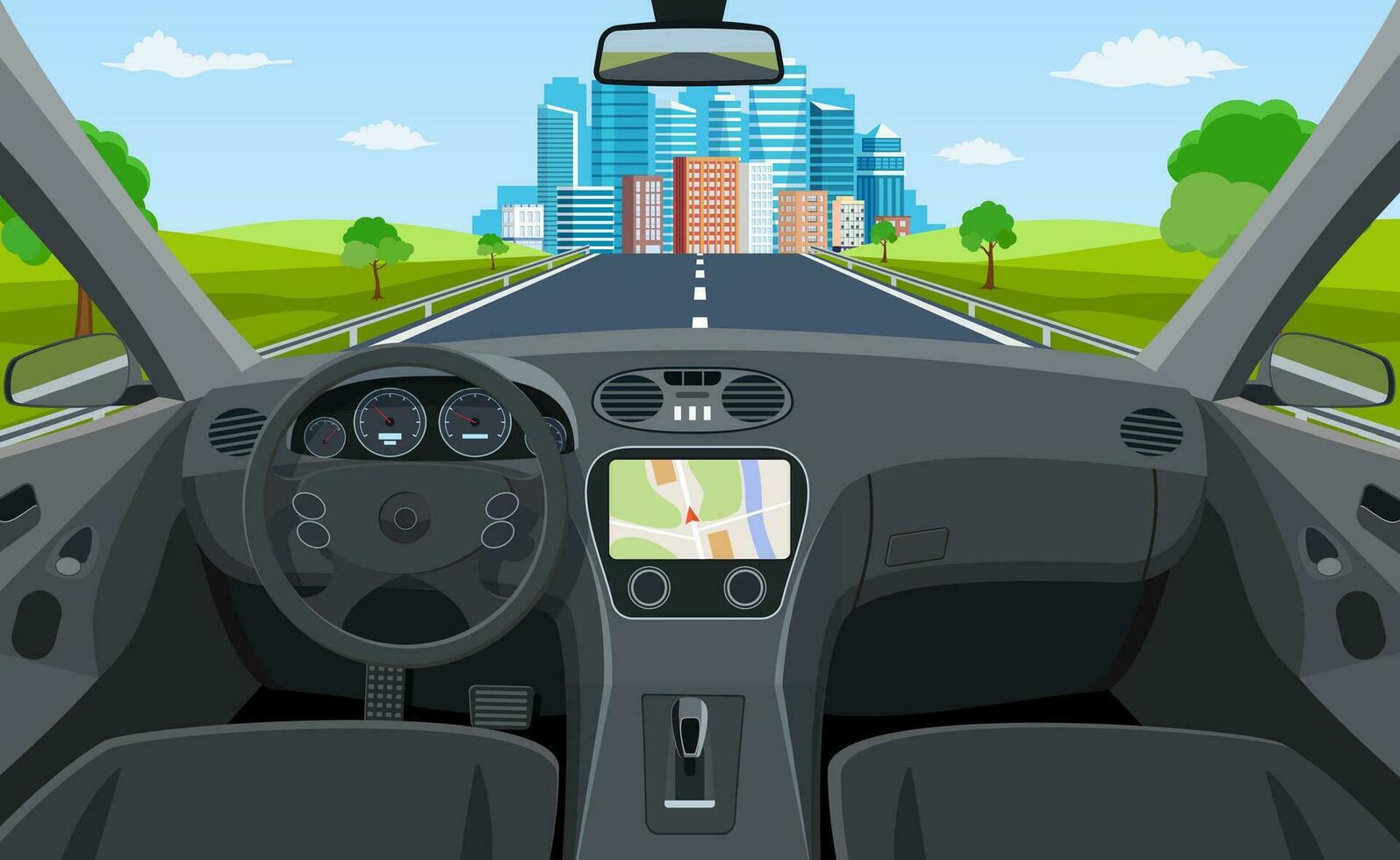 View of the road from the car interior. Road way to city buildings on horizon. Vehicle salon, inside car driver. modern big skyscrapers town far away ahead. Vector illustration in flat style