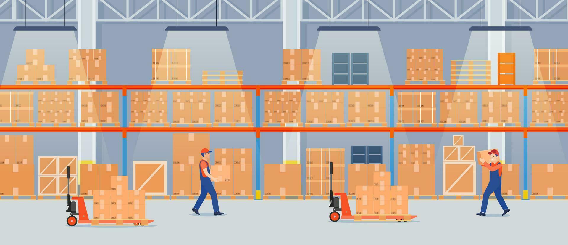 Warehouse interior with cardboard boxes on metal racks and working people.. Warehouse interior with goods, pallet trucks and container package boxes. Vector illustration in flat style