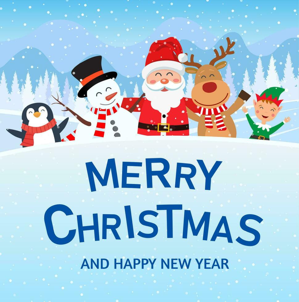 merry christmas and happy new year background and card, santa claus, reindeer, snowman, penguin cartoon cute. Vector illustration in flat style