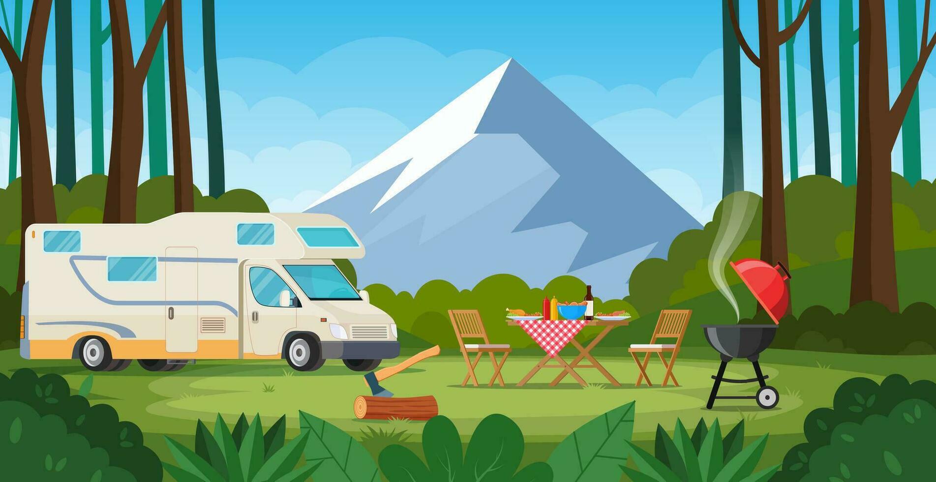 Camper with barbecue folding table deckchair. Summer camping. Outdoor nature adventure, active tourism in summertime background. Vector illustration in flat style