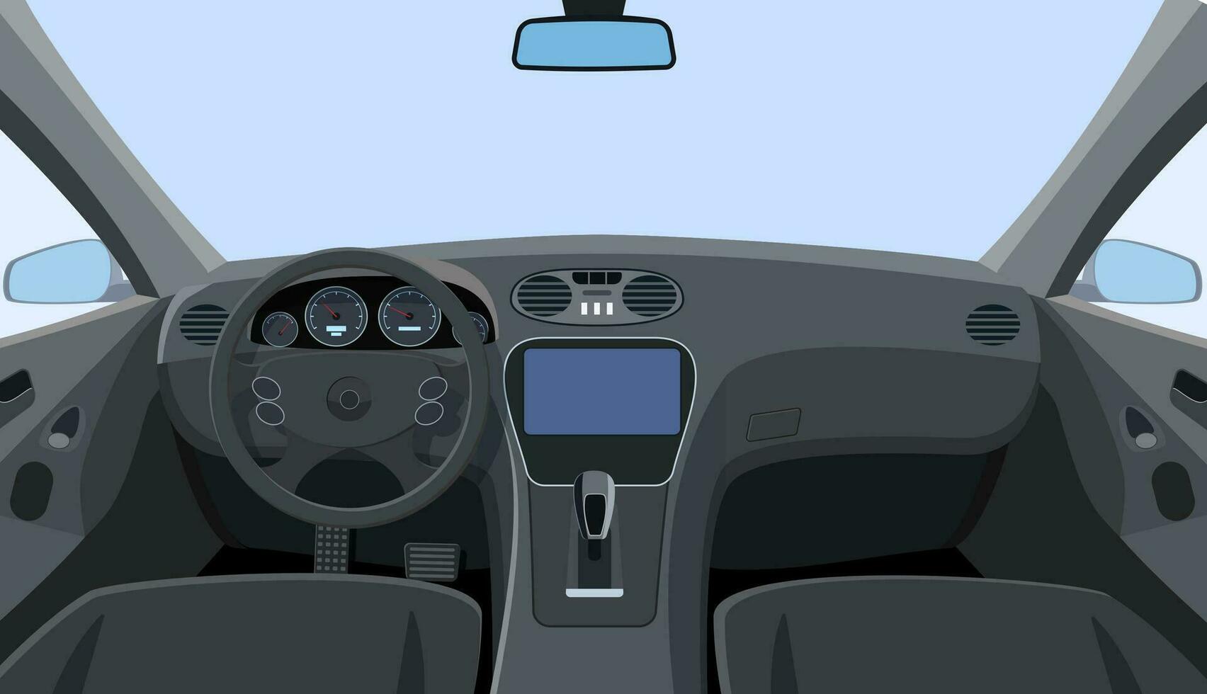 Car salon. View from inside of vehicle. Control panel and windscreen view from front seats. Dashboard and steering wheel in car. Vector illustration in flat style