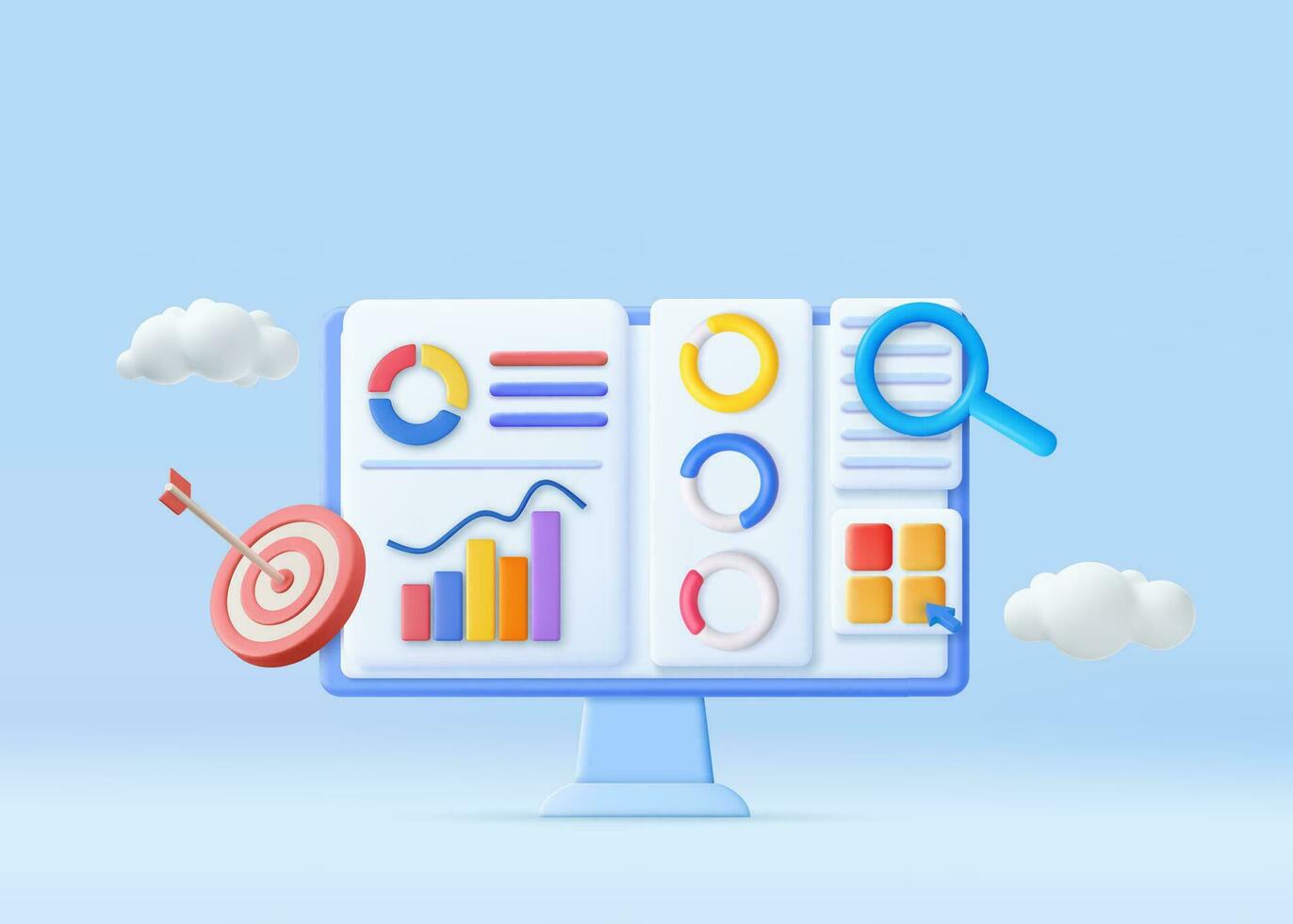 3D Financial report chart, SEO Optimization, web analytics and seo marketing concept. Business strategy. Landing page template. 3d rendering. Vector illustration