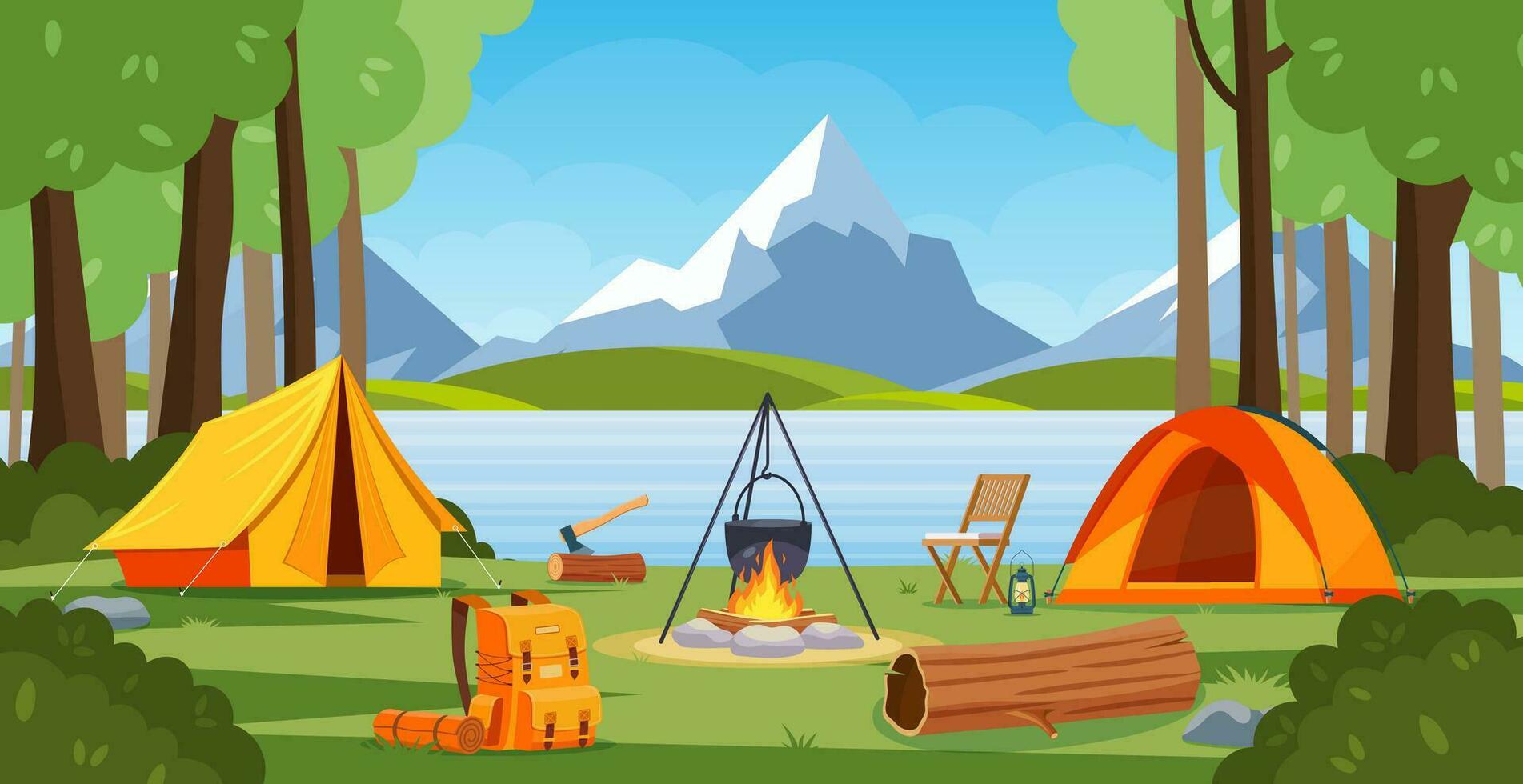 Summer camp in forest with bonfire, tent, backpack and lantern. cartoon landscape with mountain, forest and campsite. Equipment for travel, hiking. Vector illustration in flat style