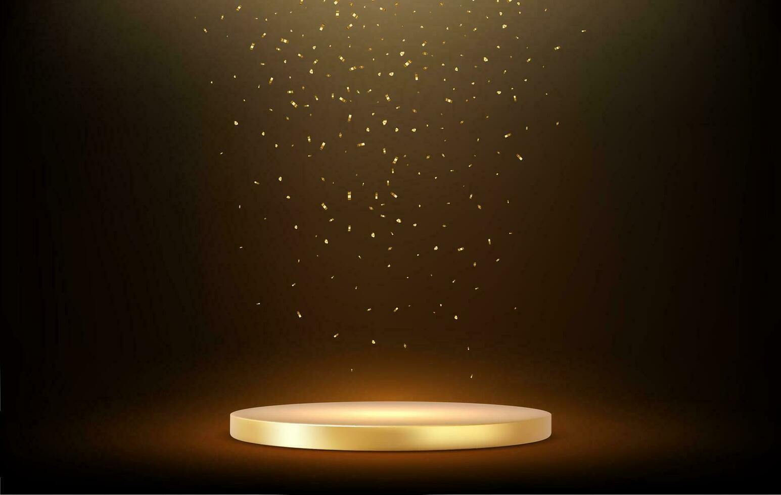 3d Golden podium under falling gold glitter isolated on dark background. vector