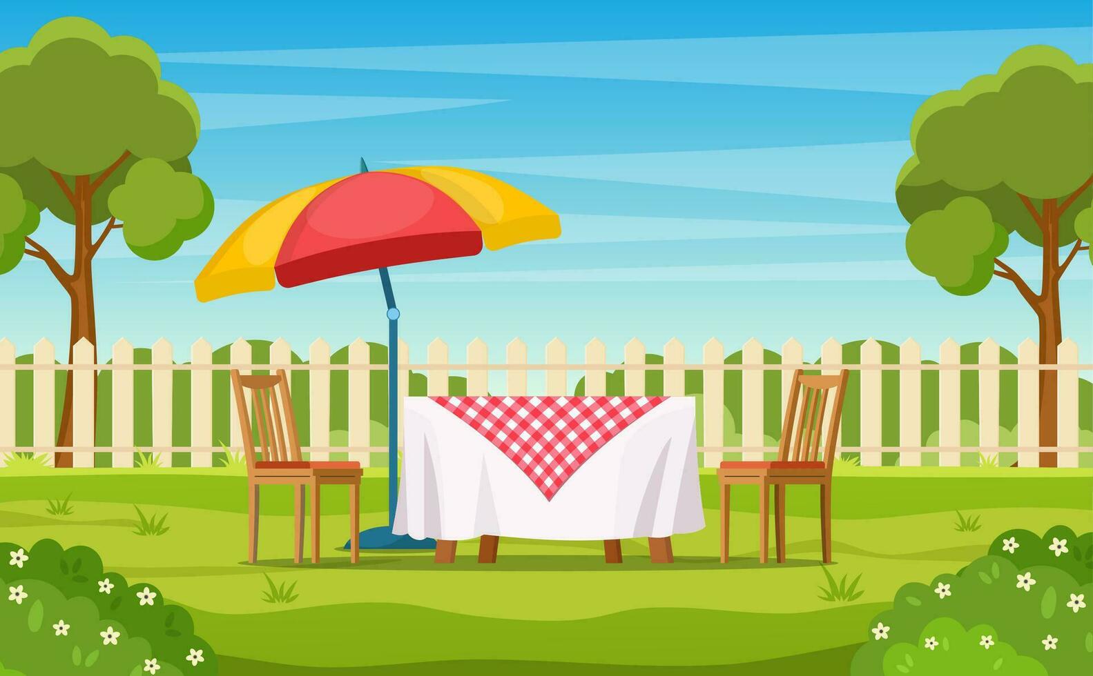 House backyard with green grass lawn, trees and bushes. Cartoon table and chairs garden modern furniture with large umbrella. Outdoor area for BBQ summer parties. Vector illustration in flat style