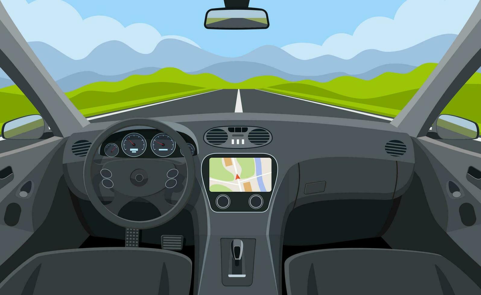 View of the road from the car interior. Vehicle salon, inside car driver . Driving simulator . Car view steering and windshield. Vector illustration in flat style