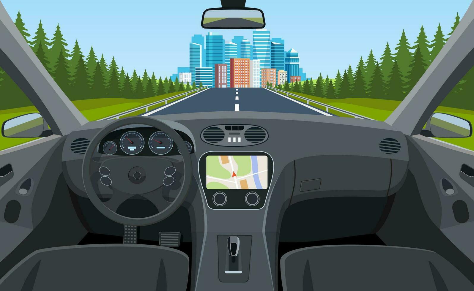 View of the road from the car interior. Road way to city buildings on horizon. Vehicle salon, inside car driver. modern big skyscrapers town far away ahead. Vector illustration in flat style