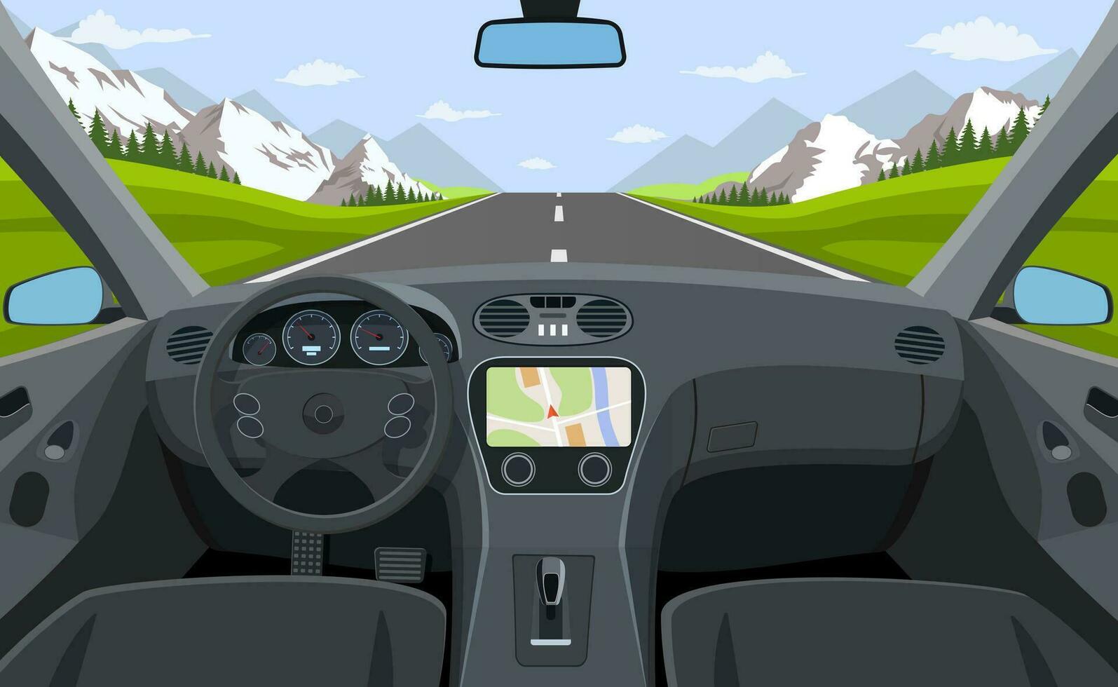 View of the road from the car interior. Vehicle salon, inside car driver . Driving simulator . Car view steering and windshield. Vector illustration in flat style