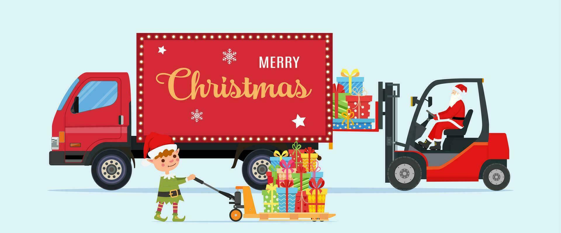 Santa Claus in Red Forklift Loaded with Pile of Gift Boxes and Truck. Christmas Presents Delivery and Shipping. Pallet jack full of gift boxes. New Year and Xmas. Vector illustration in flat style