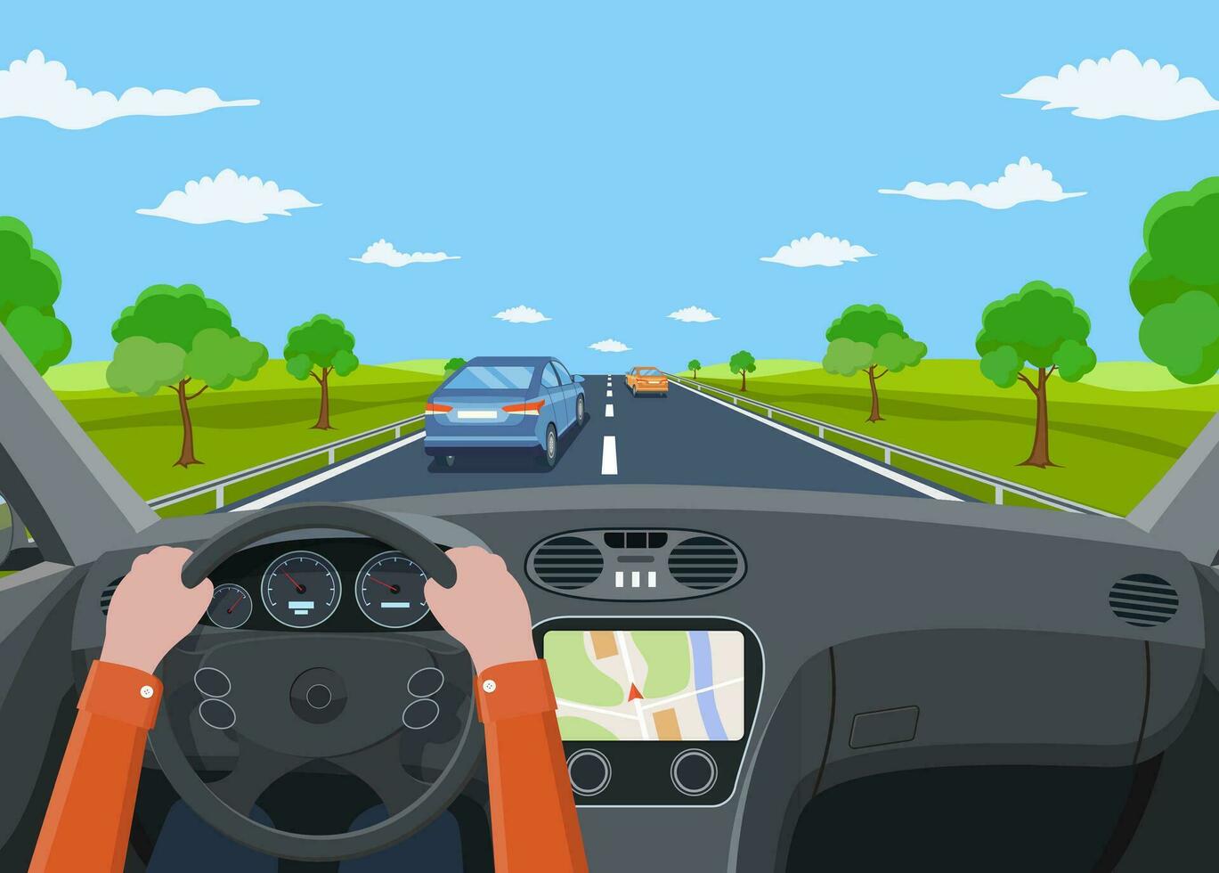 ver de el la carretera desde el coche interior. vehículo salón, dentro coche conductor . la carretera con carros. manos en direccion rueda. coche ver direccion y parabrisas. vector ilustración en plano estilo