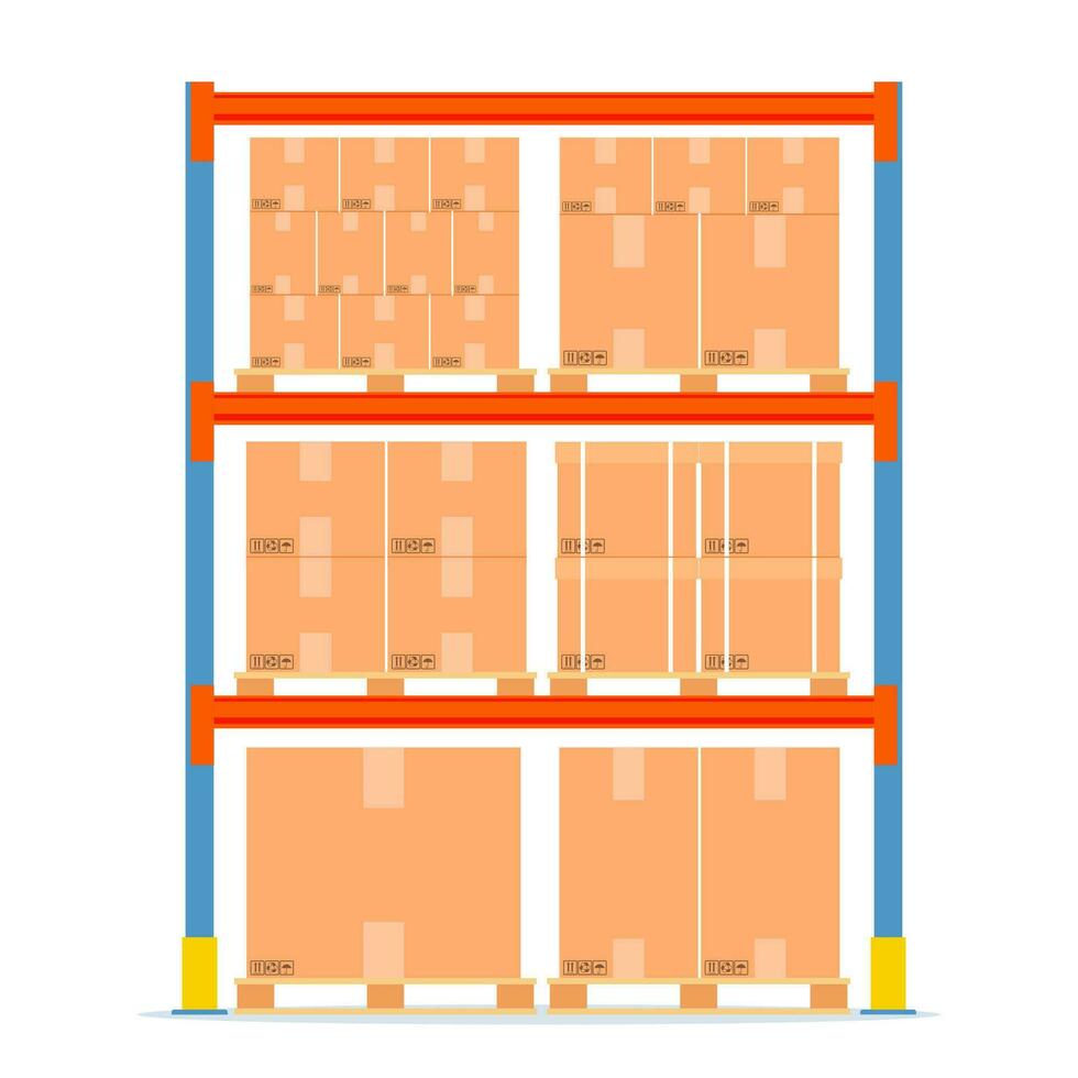 Warehouse shelves with boxes. Storage equipment icon isolated on white. Goods and container package. Vector illustration in flat style