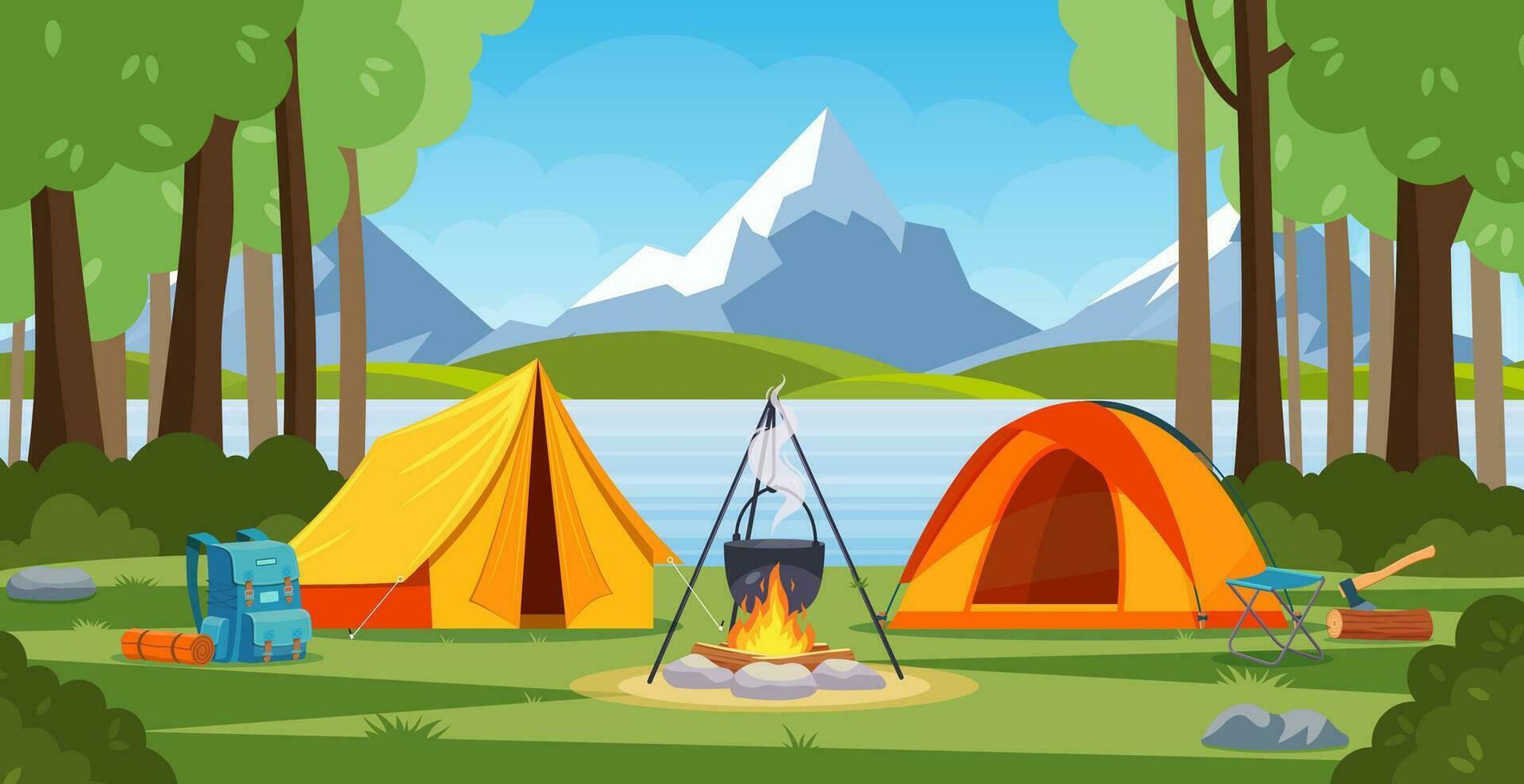 Summer camp in forest with bonfire, tent, backpack. cartoon landscape with mountain, forest and campsite. Equipment for travel, hiking. Vector illustration in flat style